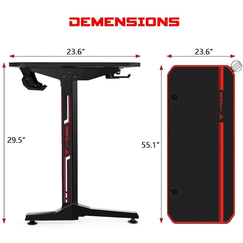 Bureau de jeu ergonomique en T pour PC avec tapis de souris intégral, support de manette, porte-gobelet et crochet pour casque