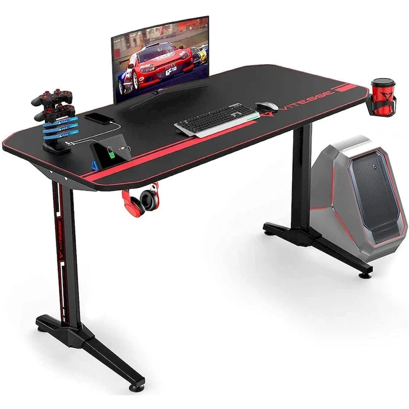 Bureau de jeu ergonomique en T pour PC avec tapis de souris intégral, support de manette, porte-gobelet et crochet pour casque