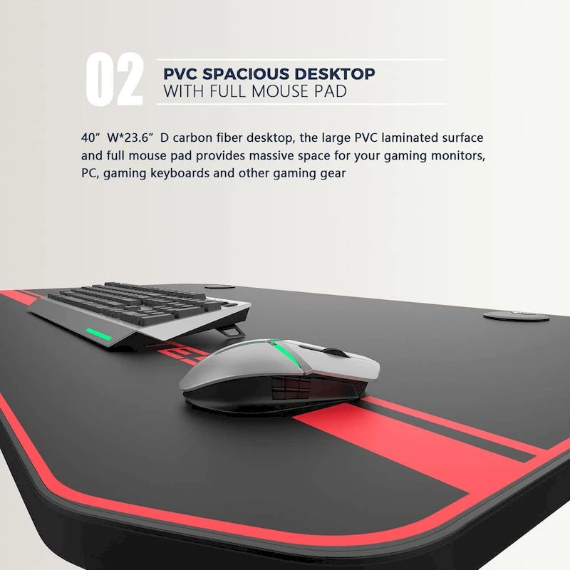 Bureau de jeu ergonomique en T pour PC avec tapis de souris intégral, support de manette, porte-gobelet et crochet pour casque