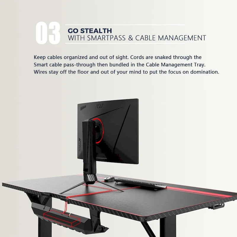 Bureau de jeu ergonomique en T pour PC avec tapis de souris intégral, support de manette, porte-gobelet et crochet pour casque