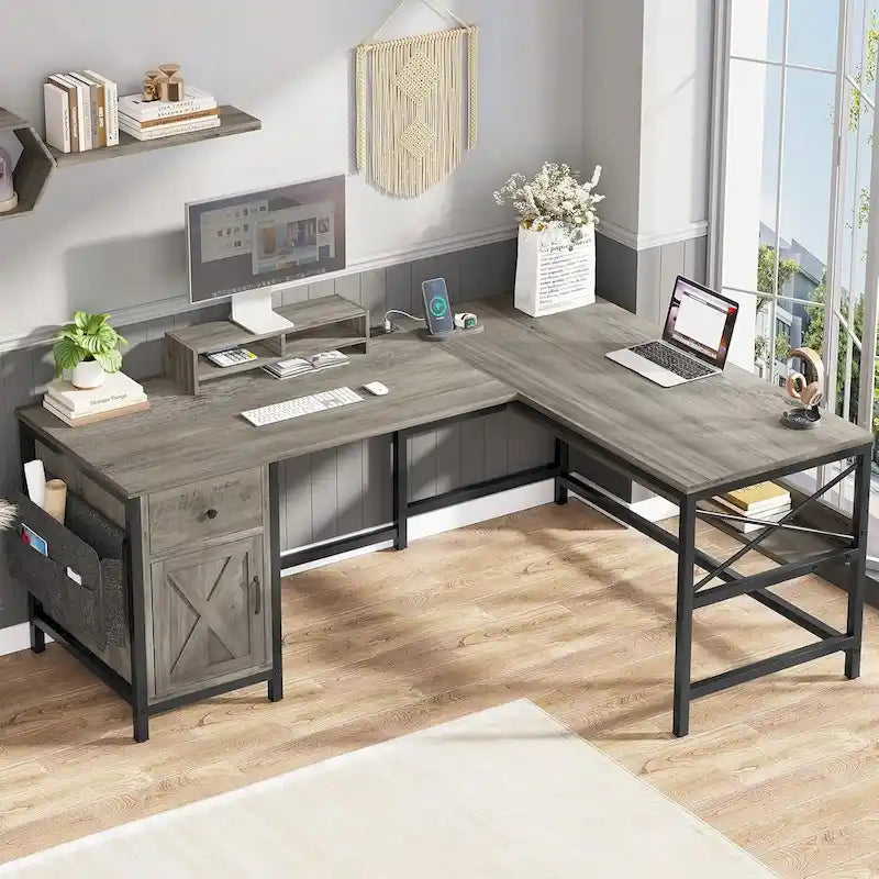 Bureau d'ordinateur en L, tiroir, multiprise, meuble de rangement, sac de rangement