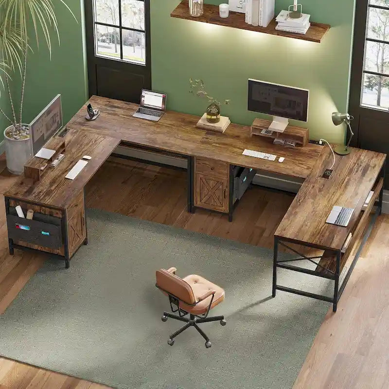 Bureau d'ordinateur en L, tiroir, multiprise, meuble de rangement, sac de rangement