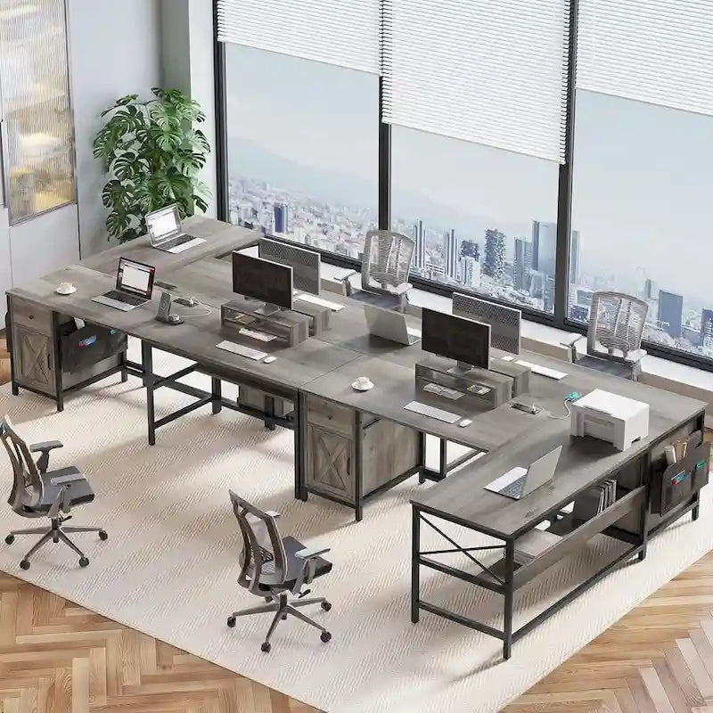 Bureau d'ordinateur en L, tiroir, multiprise, meuble de rangement, sac de rangement