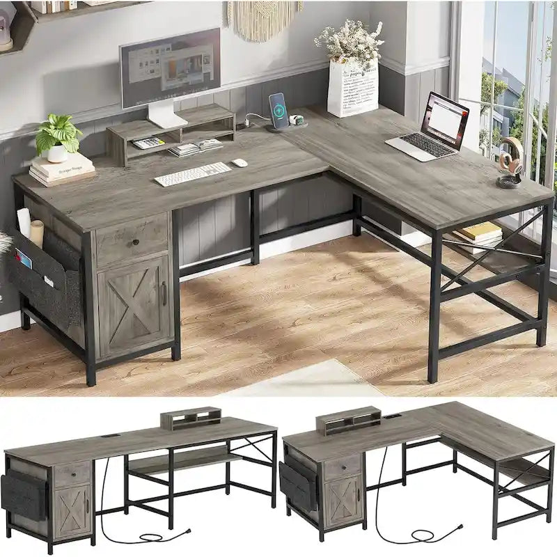 Bureau d'ordinateur en L, tiroir, multiprise, meuble de rangement, sac de rangement