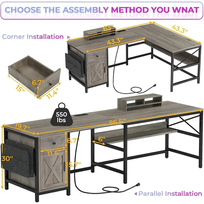 Bureau d'ordinateur en L, tiroir, multiprise, meuble de rangement, sac de rangement