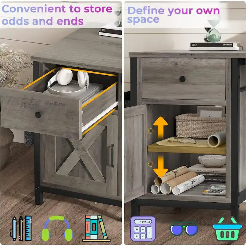 Bureau d'ordinateur en L, tiroir, multiprise, meuble de rangement, sac de rangement