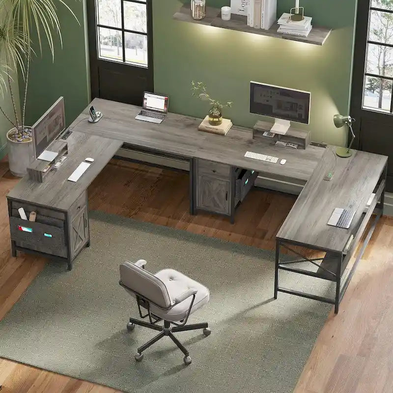Bureau d'ordinateur en L, tiroir, multiprise, meuble de rangement, sac de rangement