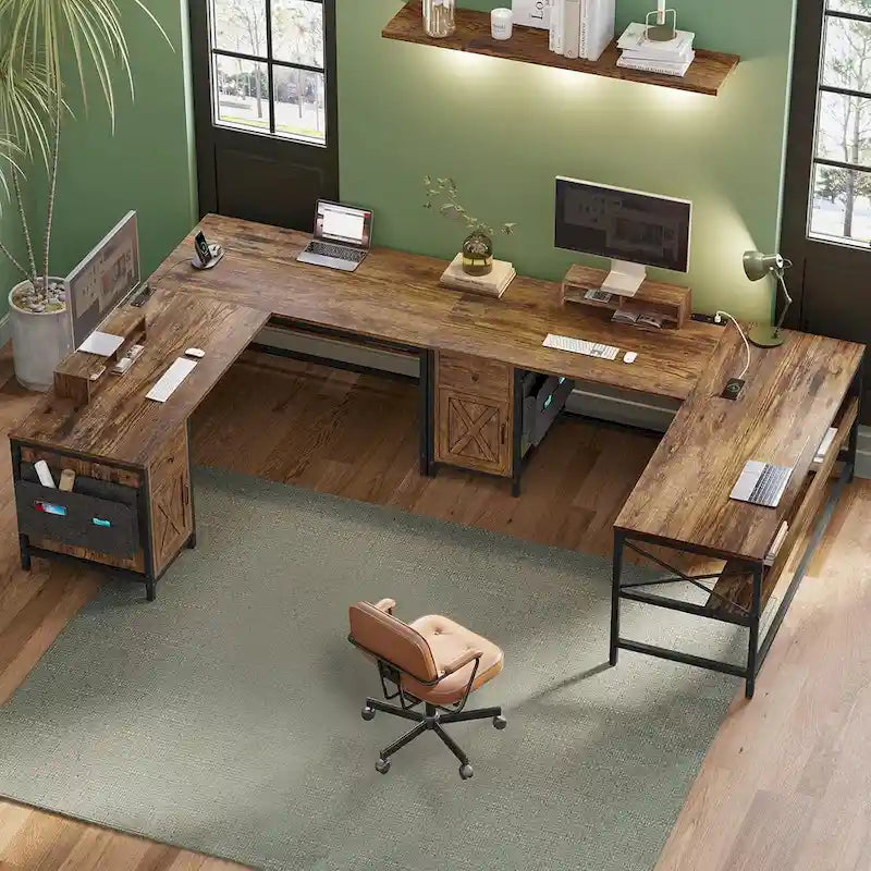 Bureau d'ordinateur en L, tiroir, multiprise, meuble de rangement, sac de rangement