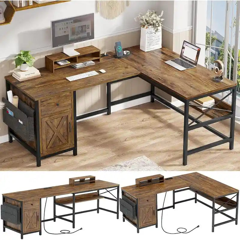 Bureau d'ordinateur en L, tiroir, multiprise, meuble de rangement, sac de rangement