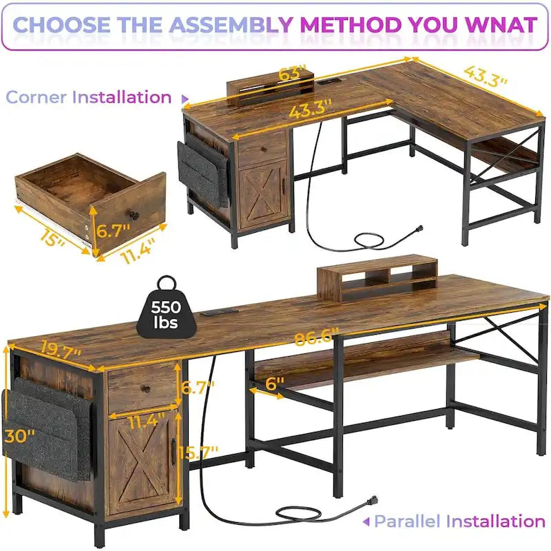 Bureau d'ordinateur en L, tiroir, multiprise, meuble de rangement, sac de rangement