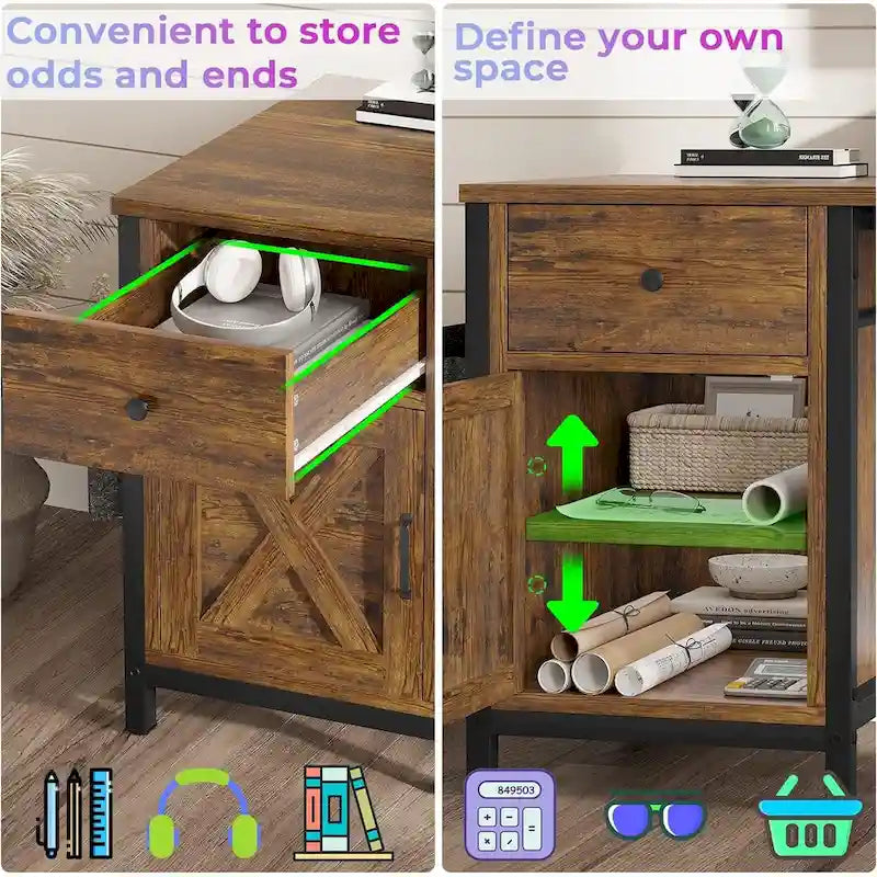 Bureau d'ordinateur en L, tiroir, multiprise, meuble de rangement, sac de rangement