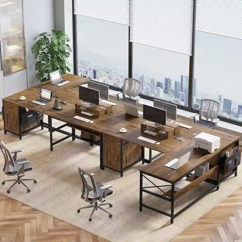 Bureau d'ordinateur en L, tiroir, multiprise, meuble de rangement, sac de rangement