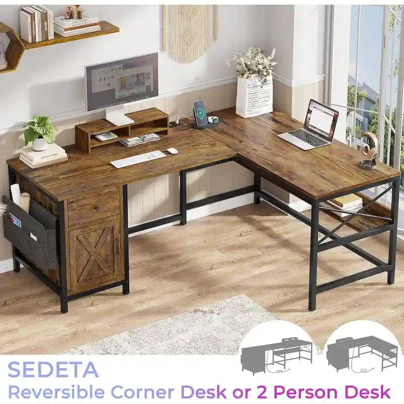 Bureau d'ordinateur en L, tiroir, multiprise, meuble de rangement, sac de rangement