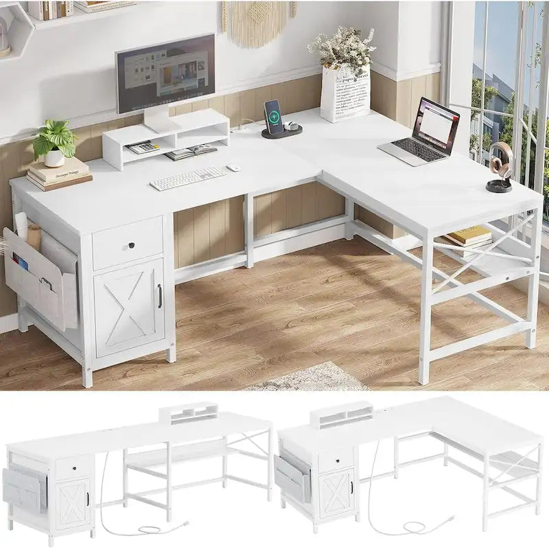 Bureau d'ordinateur en L, tiroir, multiprise, meuble de rangement, sac de rangement