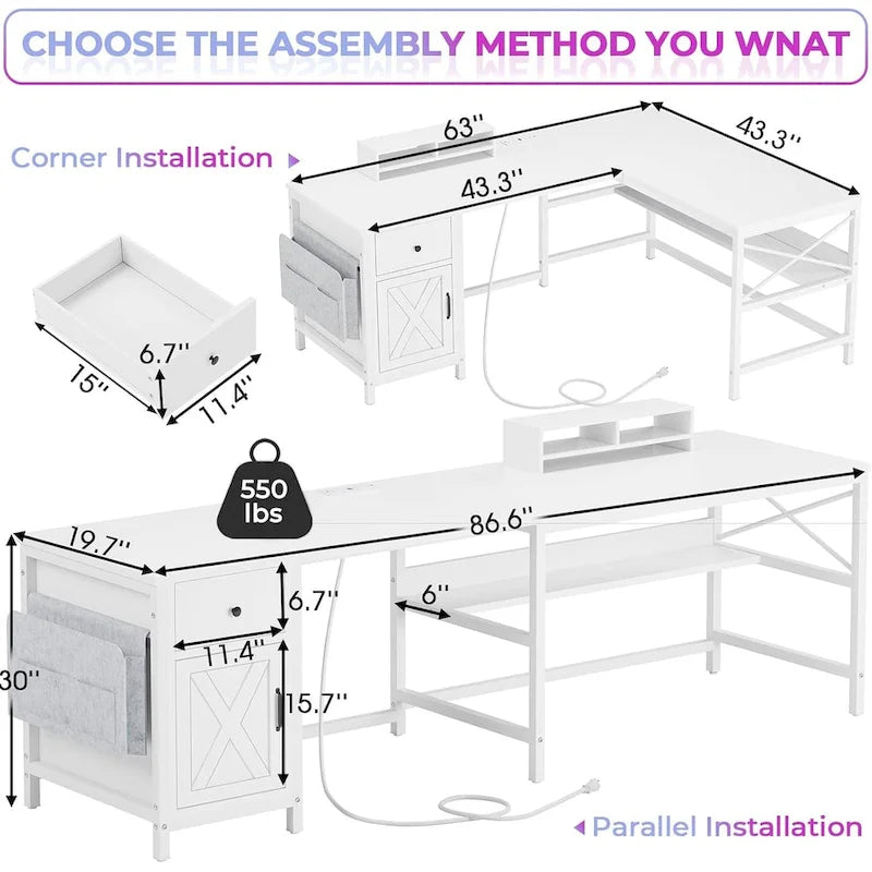 Bureau d'ordinateur en L, tiroir, multiprise, meuble de rangement, sac de rangement