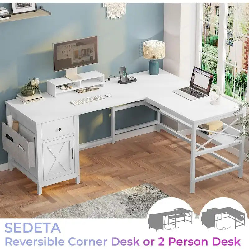 Bureau d'ordinateur en L, tiroir, multiprise, meuble de rangement, sac de rangement