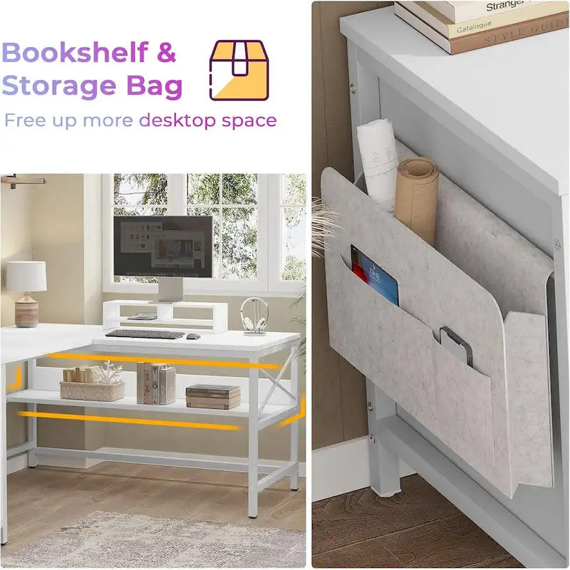 Bureau d'ordinateur en L, tiroir, multiprise, meuble de rangement, sac de rangement