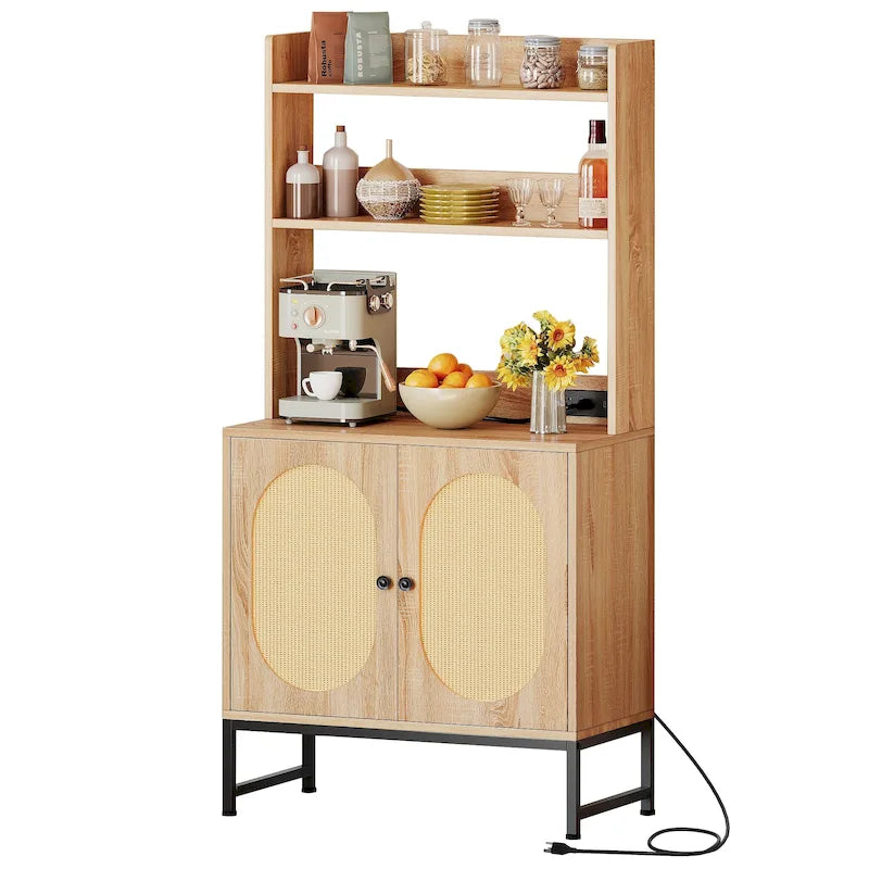 Étagère de Boulanger 2 Portes en Rotin avec Prises Électriques et Ports USB