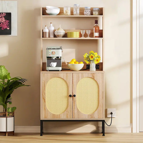 Étagère de Boulanger 2 Portes en Rotin avec Prises Électriques et Ports USB