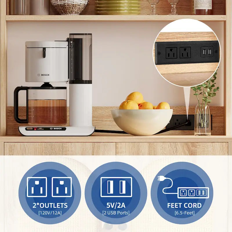 Étagère de Boulanger 2 Portes en Rotin avec Prises Électriques et Ports USB
