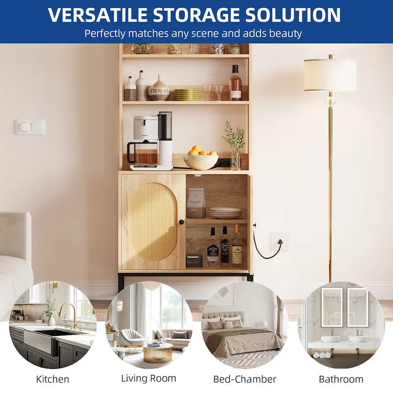 Étagère de Boulanger 2 Portes en Rotin avec Prises Électriques et Ports USB