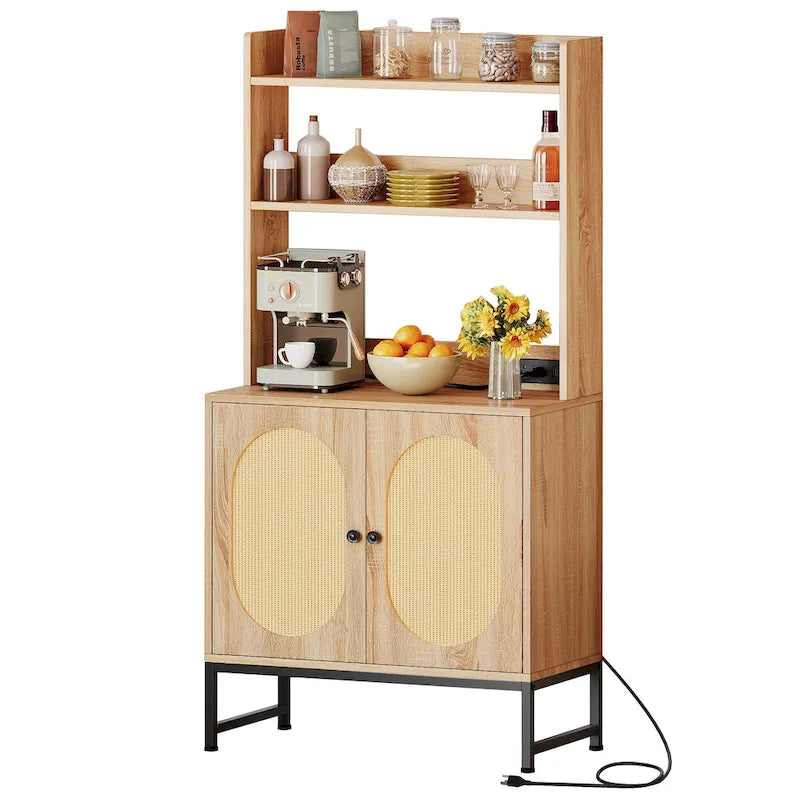 Étagère de Boulanger 2 Portes en Rotin avec Prises Électriques et Ports USB