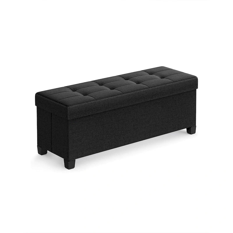 Ottoman de rangement rembourré en tissu de 109 cm de large avec pieds en bois et couvercle capitonné