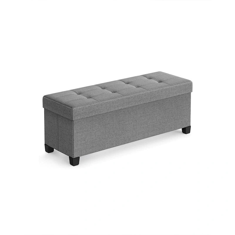 Ottoman de rangement rembourré en tissu de 109 cm de large avec pieds en bois et couvercle capitonné