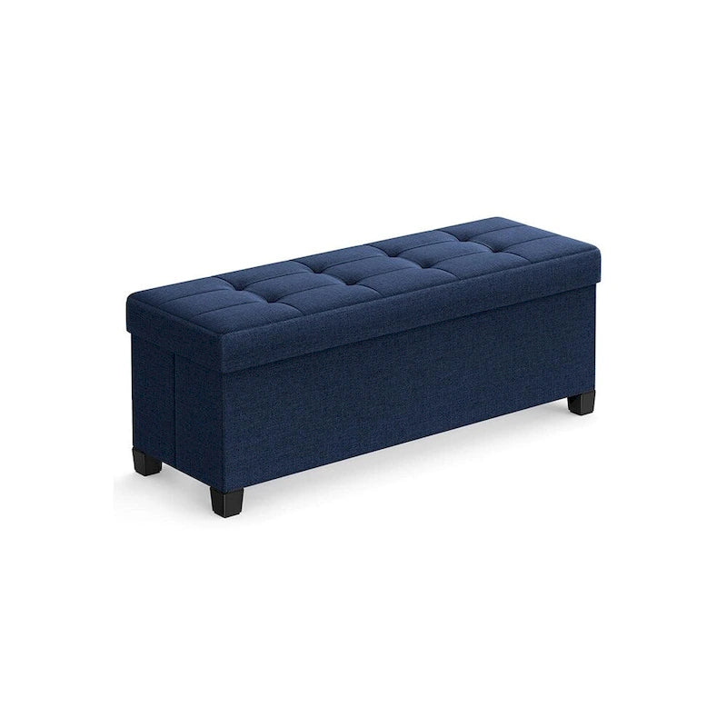 Ottoman de rangement rembourré en tissu de 109 cm de large avec pieds en bois et couvercle capitonné