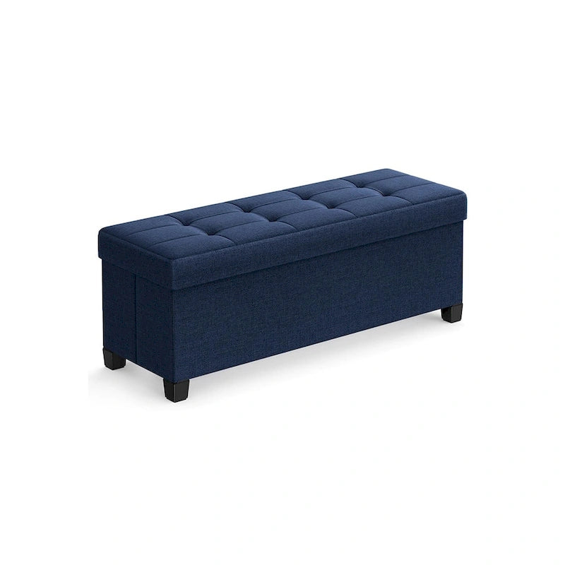 Ottoman de rangement rembourré en tissu de 109 cm de large avec pieds en bois et couvercle capitonné