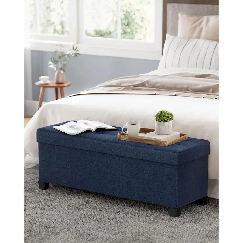 Ottoman de rangement rembourré en tissu de 109 cm de large avec pieds en bois et couvercle capitonné