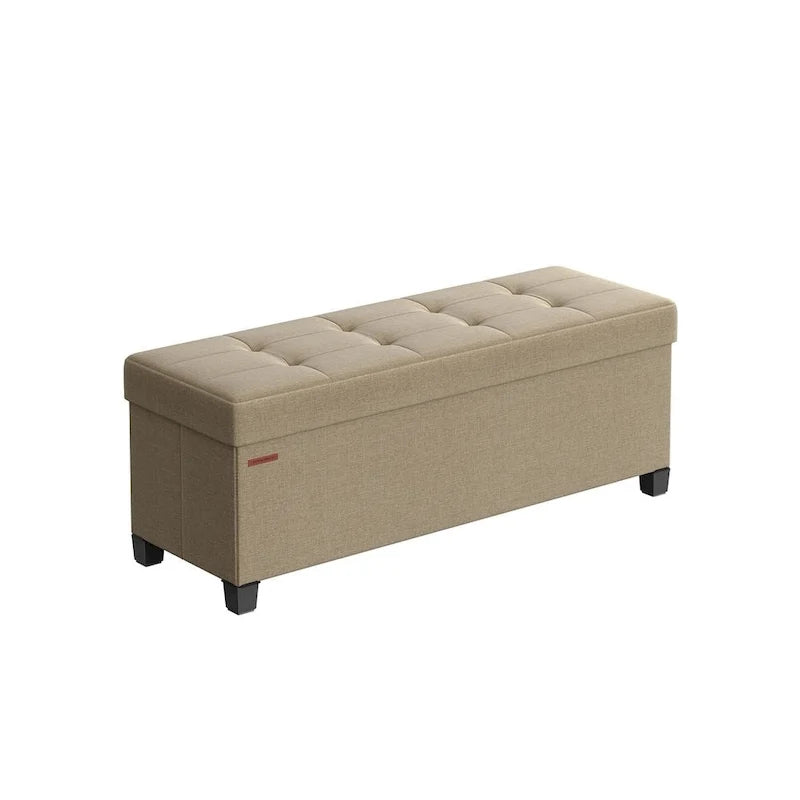 Ottoman de rangement rembourré en tissu de 109 cm de large avec pieds en bois et couvercle capitonné
