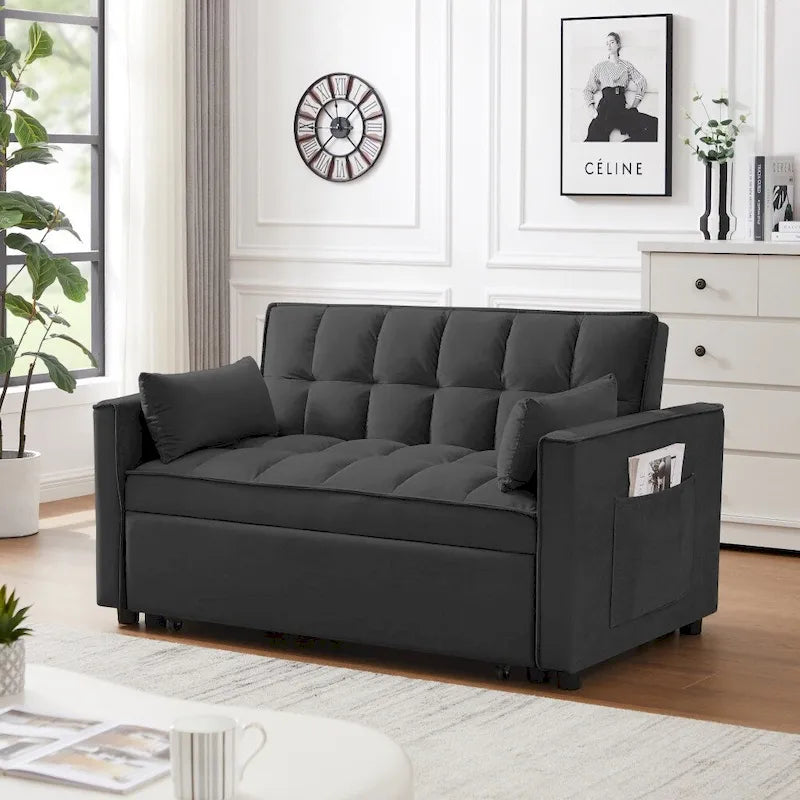 3 in 1 Convertible Velvet Sofa Couch w/Pullout Bed and Reclining Backres