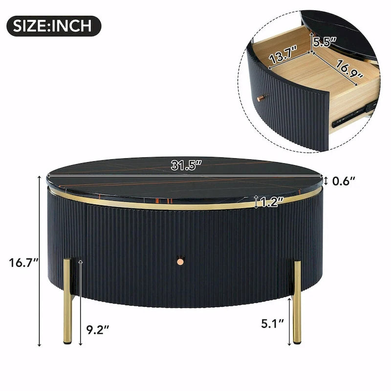 Table basse ronde moderne de 31,5 po avec grand tiroir de rangement