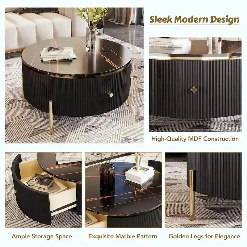 Table basse ronde moderne de 31,5 po avec grand tiroir de rangement