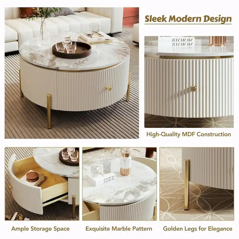 Table basse ronde moderne de 31,5 po avec grand tiroir de rangement