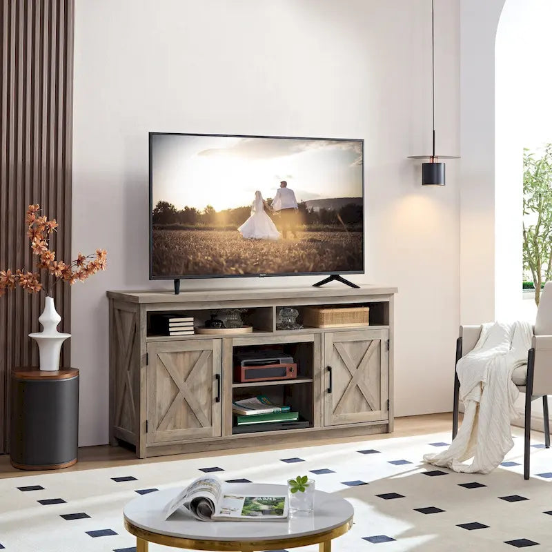Meuble TV de style ferme avec portes de grange, meuble console moderne pour téléviseur jusqu'à 65 pouces avec espaces de rangement ouverts et fermés
