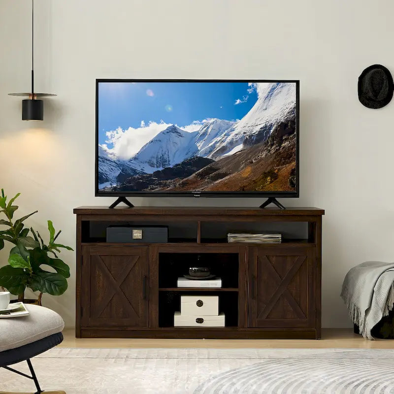 Meuble TV de style ferme avec portes de grange, meuble console moderne pour téléviseur jusqu'à 65 pouces avec espaces de rangement ouverts et fermés