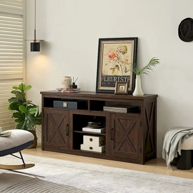 Meuble TV de style ferme avec portes de grange, meuble console moderne pour téléviseur jusqu'à 65 pouces avec espaces de rangement ouverts et fermés