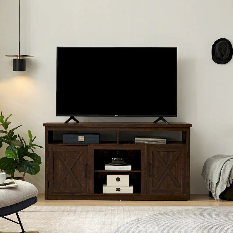 Meuble TV de style ferme avec portes de grange, meuble console moderne pour téléviseur jusqu'à 65 pouces avec espaces de rangement ouverts et fermés