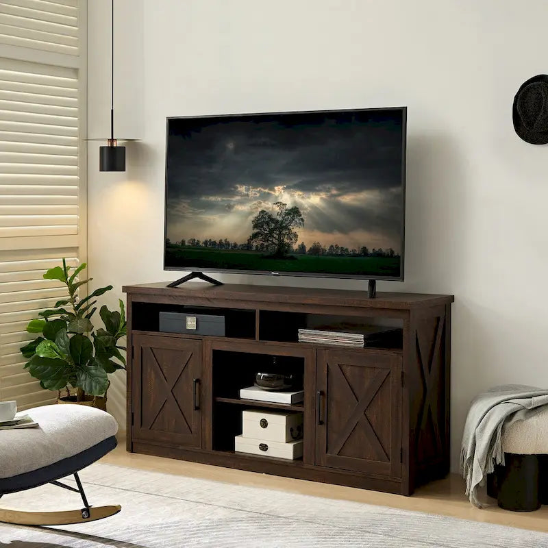 Meuble TV de style ferme avec portes de grange, meuble console moderne pour téléviseur jusqu'à 65 pouces avec espaces de rangement ouverts et fermés