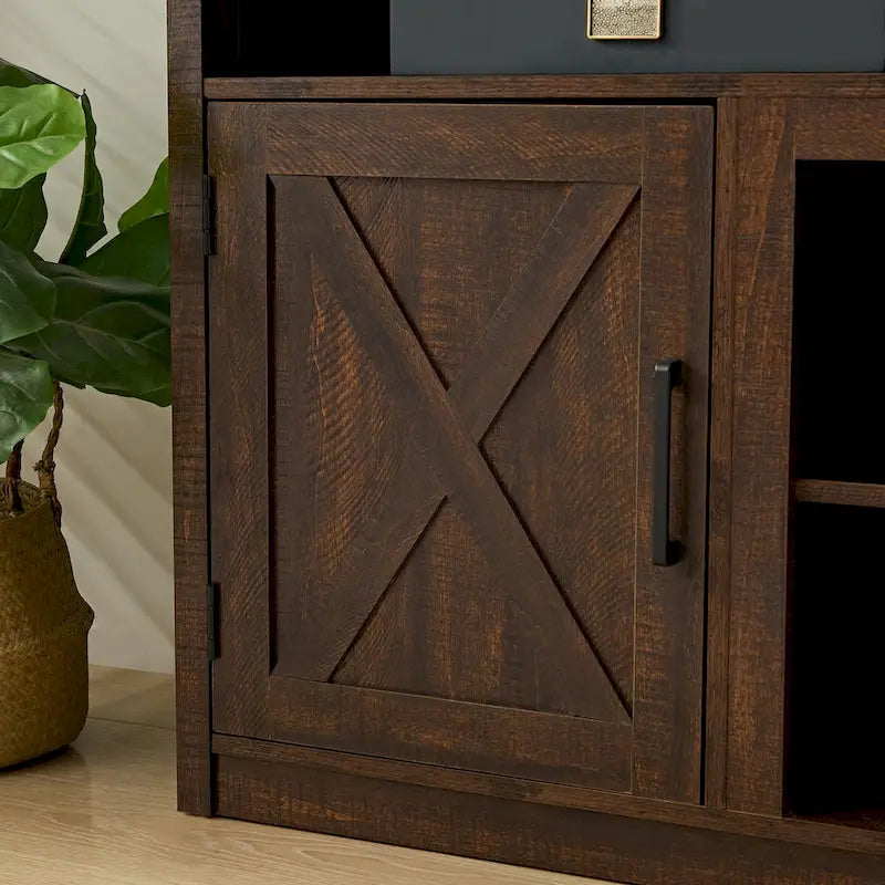 Meuble TV de style ferme avec portes de grange, meuble console moderne pour téléviseur jusqu'à 65 pouces avec espaces de rangement ouverts et fermés