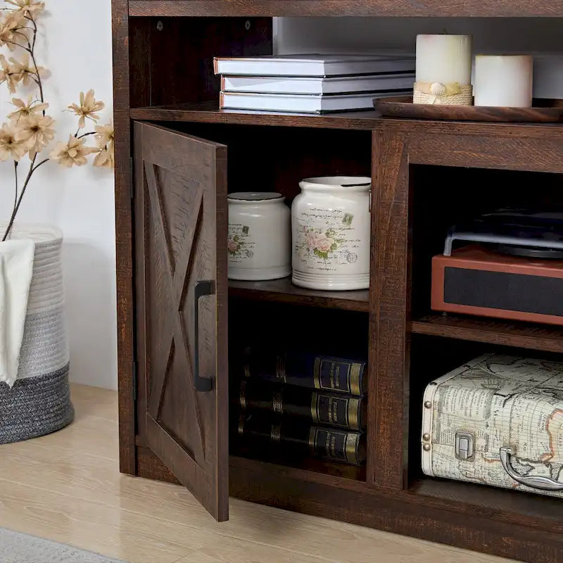 Meuble TV de style ferme avec portes de grange, meuble console moderne pour téléviseur jusqu'à 65 pouces avec espaces de rangement ouverts et fermés
