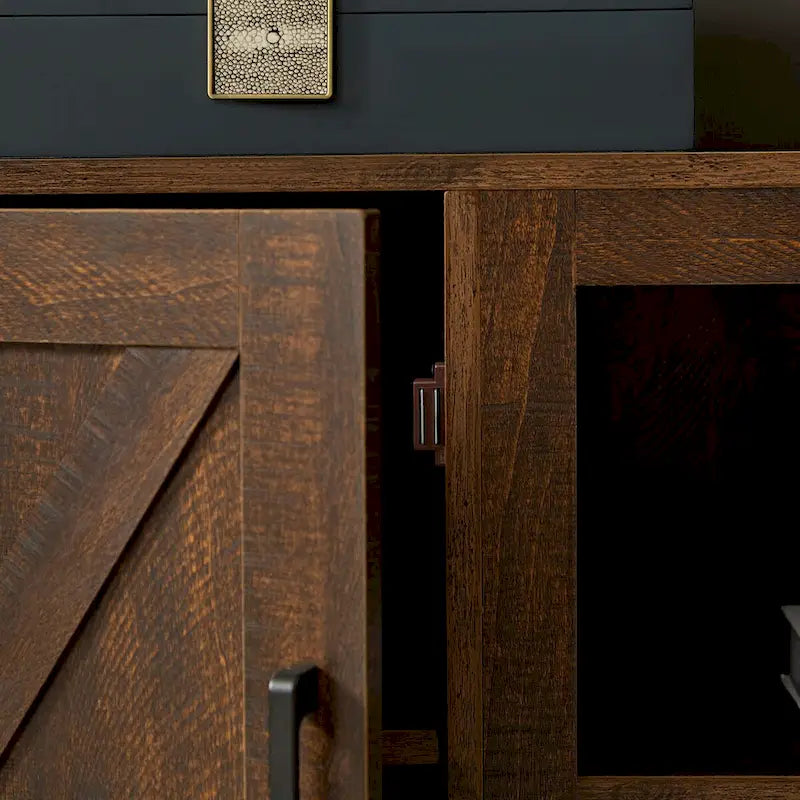 Meuble TV de style ferme avec portes de grange, meuble console moderne pour téléviseur jusqu'à 65 pouces avec espaces de rangement ouverts et fermés