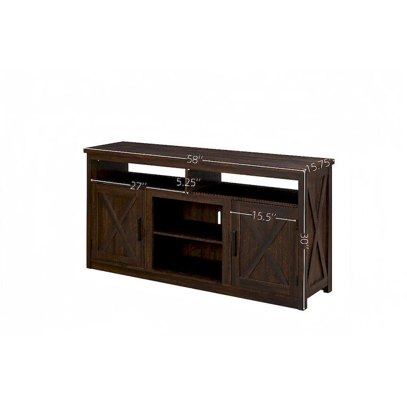 Meuble TV de style ferme avec portes de grange, meuble console moderne pour téléviseur jusqu'à 65 pouces avec espaces de rangement ouverts et fermés