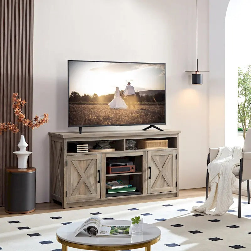 Meuble TV de style ferme avec portes de grange, meuble console moderne pour téléviseur jusqu'à 65 pouces avec espaces de rangement ouverts et fermés