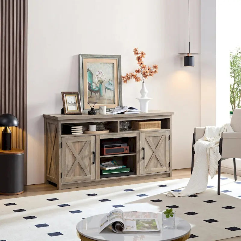 Meuble TV de style ferme avec portes de grange, meuble console moderne pour téléviseur jusqu'à 65 pouces avec espaces de rangement ouverts et fermés