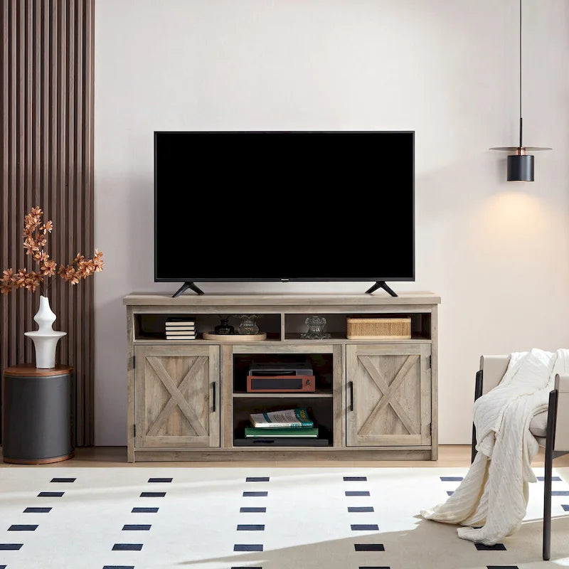Meuble TV de style ferme avec portes de grange, meuble console moderne pour téléviseur jusqu'à 65 pouces avec espaces de rangement ouverts et fermés