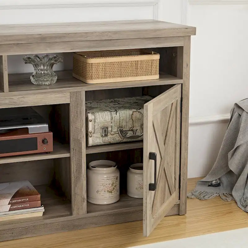 Meuble TV de style ferme avec portes de grange, meuble console moderne pour téléviseur jusqu'à 65 pouces avec espaces de rangement ouverts et fermés