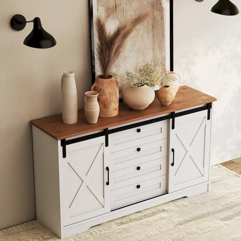 Buffet de salle à manger style rustique avec 2 portes et 4 tiroirs